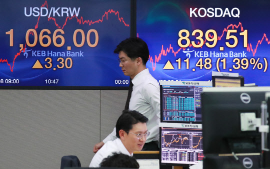 8일 코스닥 지수가 전 거래일 보다 11.48포인트(1.39%)오른 839.51로 마감했다. 코스닥 지수가 830선을 넘어선 것은 지난 2002년 4월 이후 15년 만이다. 이날 서울 중구 을지로 KEB하나은행 딜링룸에서 딜러들이 업무를 보는 모습. 연합뉴스
